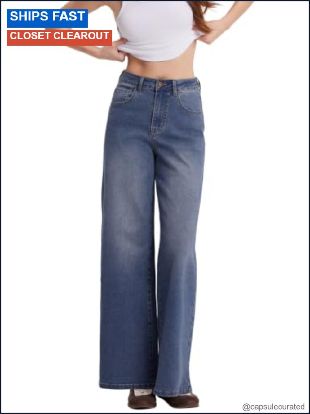 High Waisted Wide Leg Stretchy Baggy Denim Jeans with Pockets